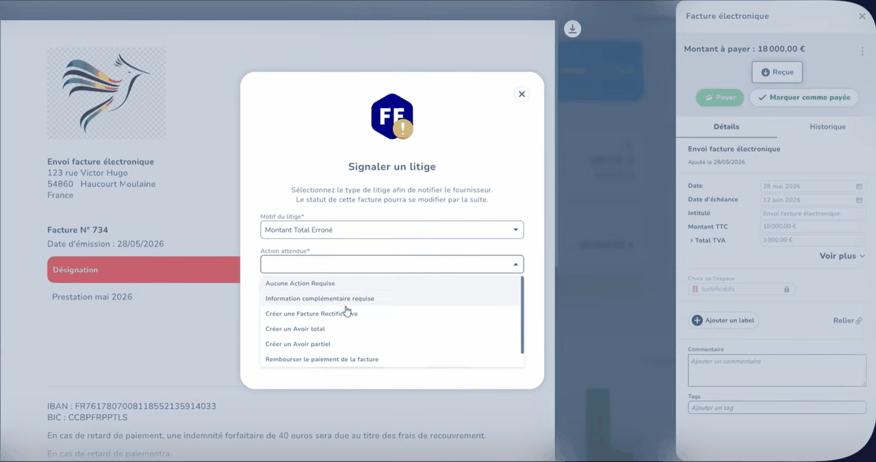 Signaler un litige sur une facture reçue dans Tiime