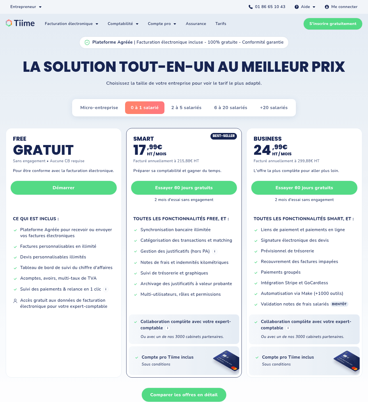 Grille tarifaire de Tiime : offres Free, Smart et Business