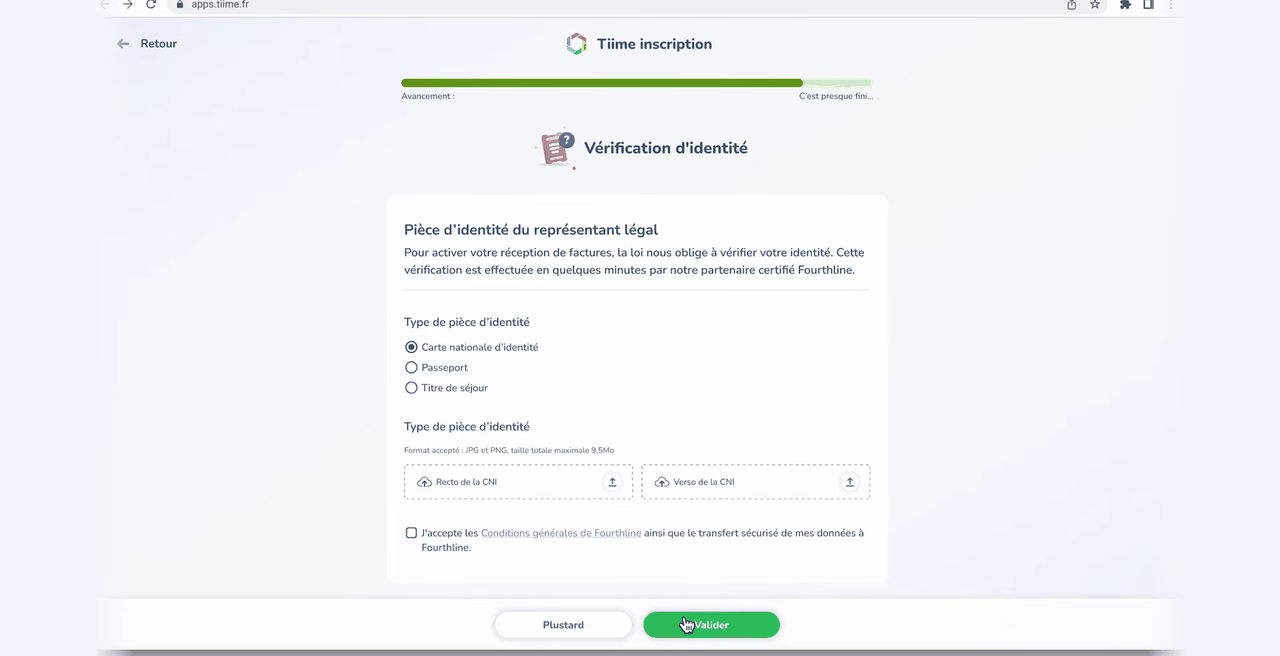 Vérification d'identité du représentant légal lors de l'activation de la plateforme agréée Tiime
