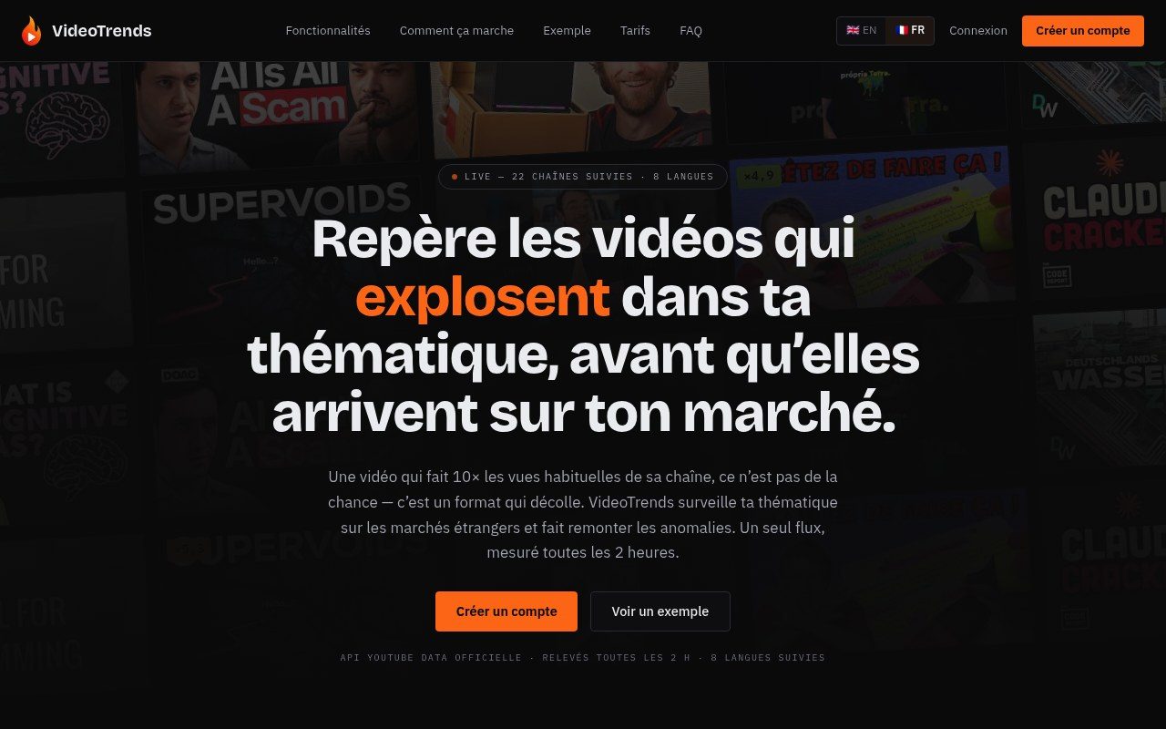 Page d'accueil de VideoTrends, le SaaS créé avec Claude Code