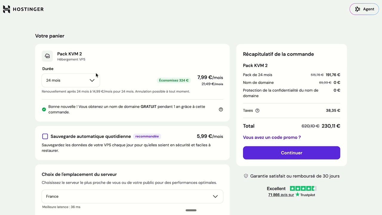 Commande d'un VPS KVM 2 chez Hostinger pour héberger le SaaS