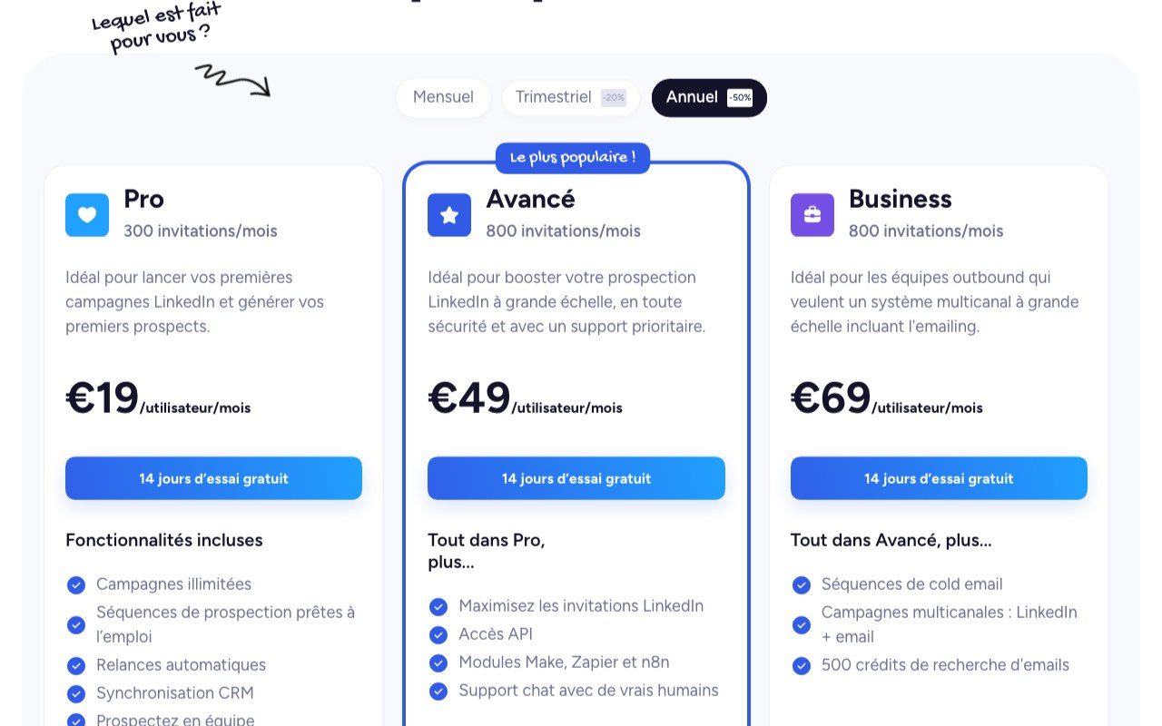 Page des tarifs de Waalaxy en euros