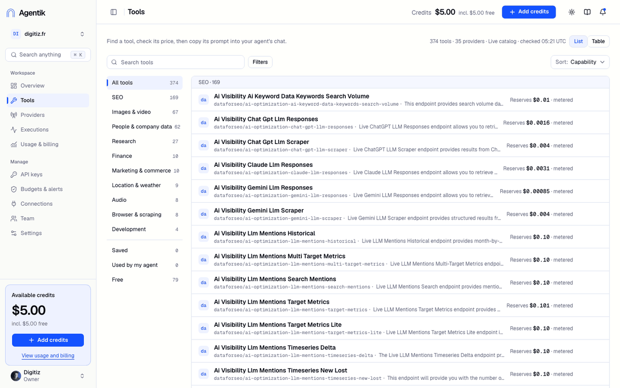 Catalogue des outils Agentik classés par catégorie