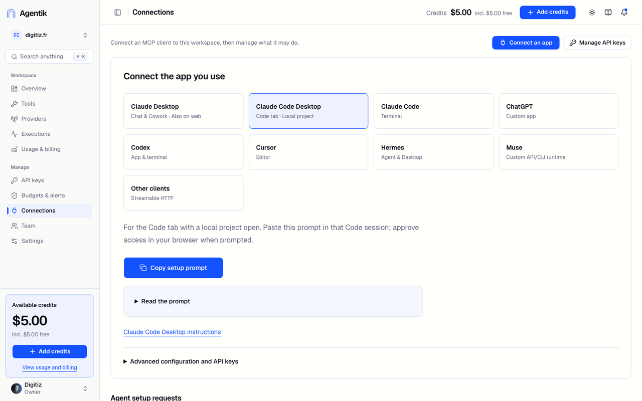 Écran de connexion d'un agent IA à Agentik