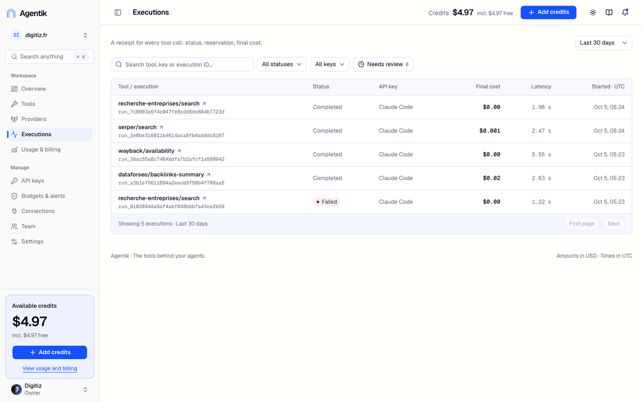 Reçus des exécutions d'outils dans Agentik
