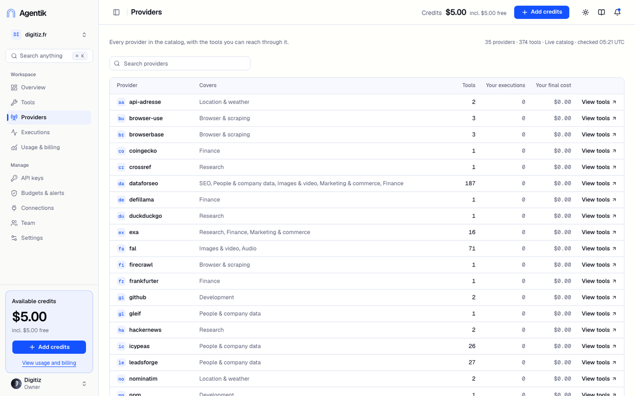Liste des fournisseurs disponibles sur Agentik