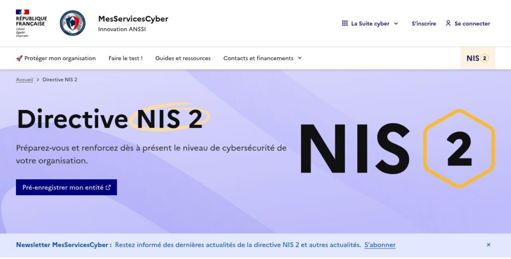 Page NIS 2 du service MesServicesCyber de l'ANSSI, avec le test pour savoir si votre organisation est concernée