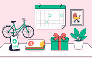 Illustration des avantages salariés en PME : mutuelle sur smartphone, titres-restaurant, cadeau, vélo et calendrier de congés