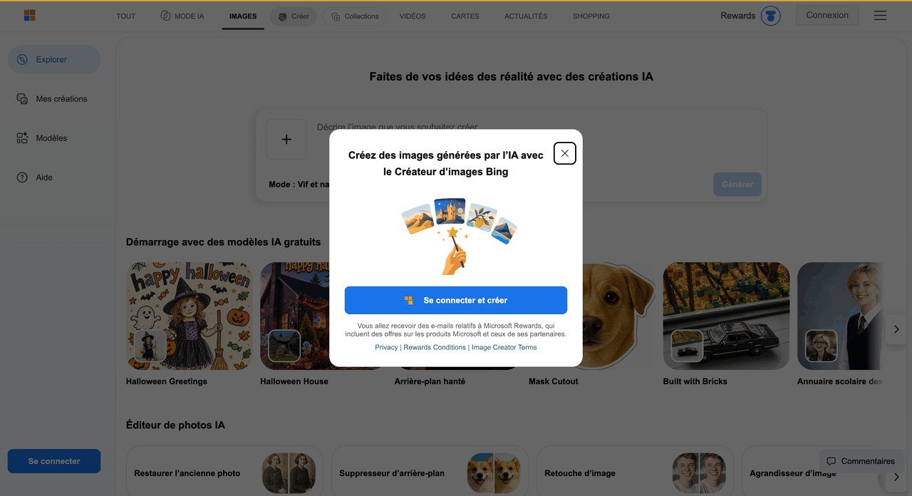 Fenêtre de connexion de Bing Image Creator qui annonce les e-mails Microsoft Rewards