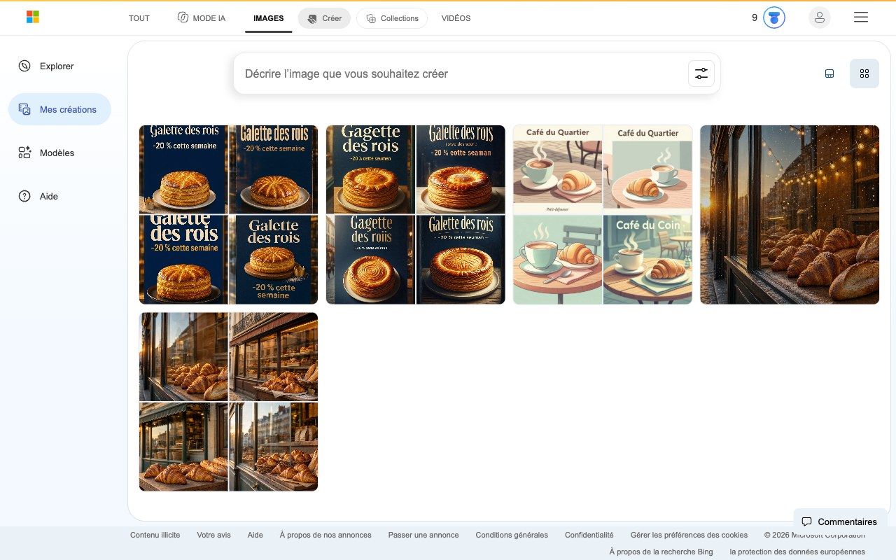 Page Mes créations de Bing Image Creator en affichage grille