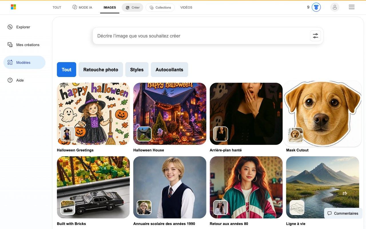 Page Modèles de Bing Image Creator avec les catégories Retouche photo, Styles et Autocollants