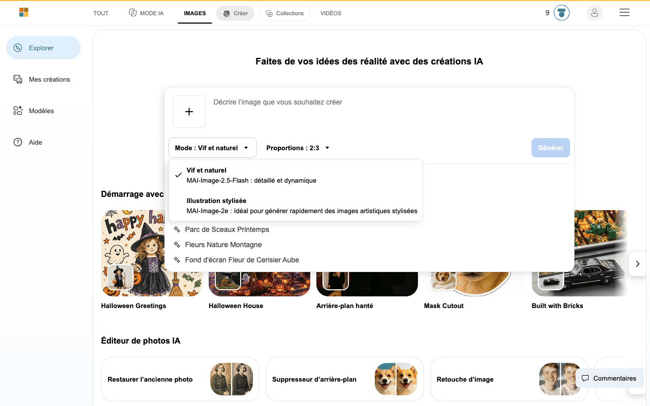 Menu Mode de Bing Image Creator avec Vif et naturel et Illustration stylisée