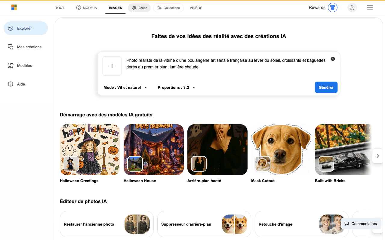 Prompt saisi dans Bing Image Creator pour une vitrine de boulangerie