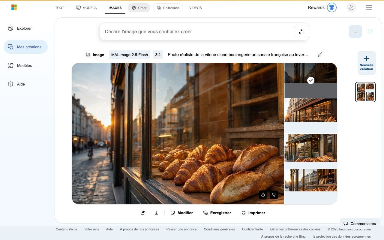 Quatre images de vitrine de boulangerie générées par Bing Image Creator