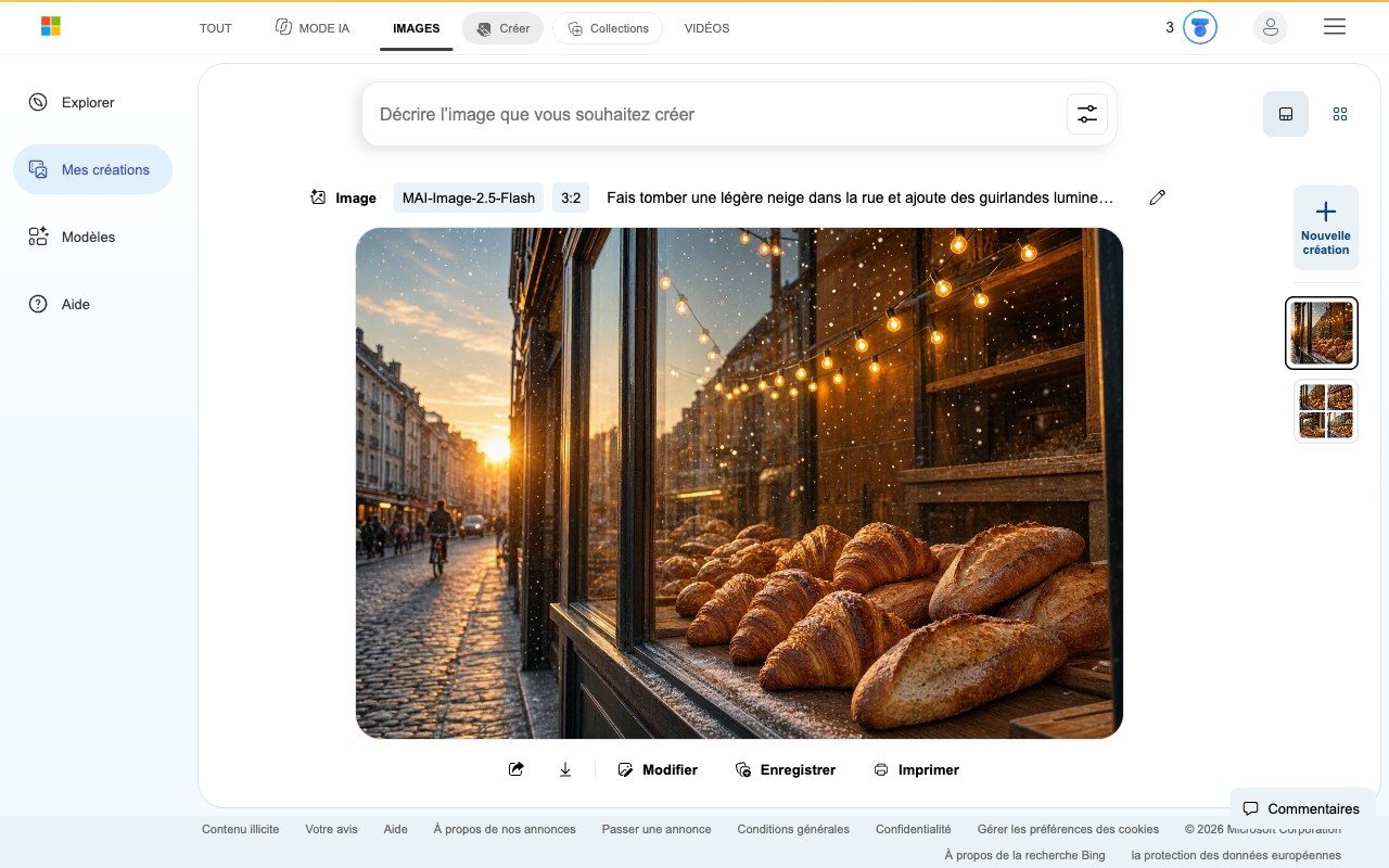 Vitrine de boulangerie retouchée par Bing Image Creator avec de la neige et des guirlandes