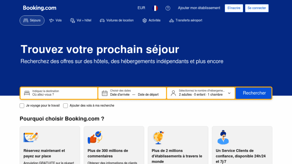 Capture d'écran de la page d'accueil de Booking.com