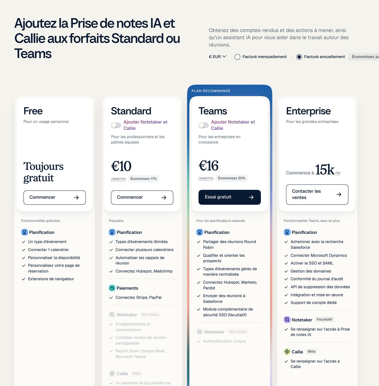 Tarifs de Calendly en euros : Free, Standard, Teams et Enterprise