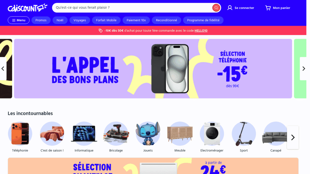 Capture d'écran de la page d'accueil de Cdiscount