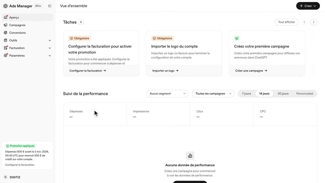 Aperçu de l'Ads Manager de ChatGPT Ads avec les tâches à faire et le suivi des performances