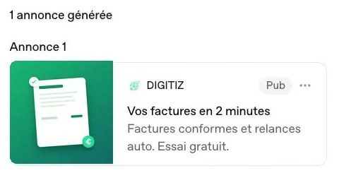 Aperçu d'une annonce ChatGPT Ads avec logo, titre, description et image