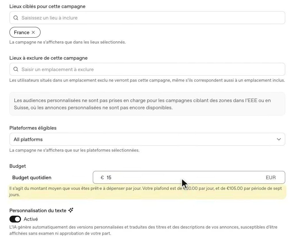Budget quotidien de 15 € et plafond de 30 € par jour affiché dans ChatGPT Ads