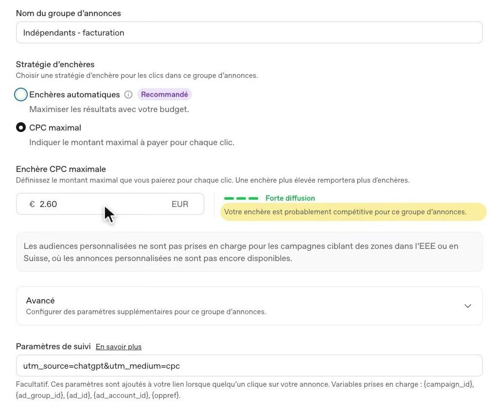 Stratégie d'enchères CPC maximal à 2,60 € avec l'indicateur Forte diffusion dans ChatGPT Ads