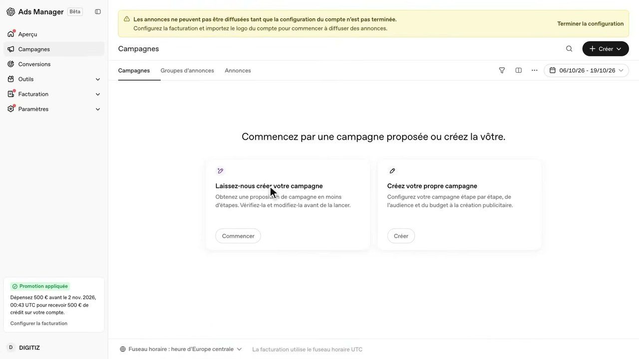 Choix entre une campagne proposée par l'IA et une campagne créée de A à Z dans ChatGPT Ads