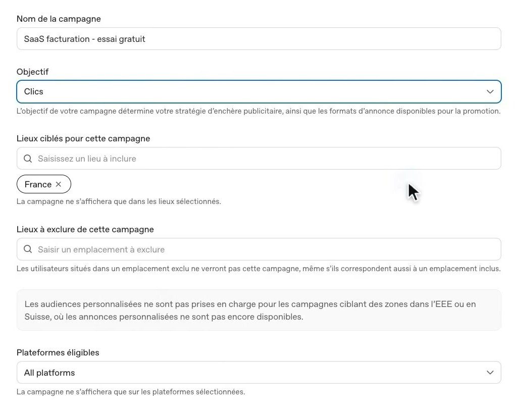 Création d'une campagne ChatGPT Ads : nom, objectif Clics et ciblage de la France