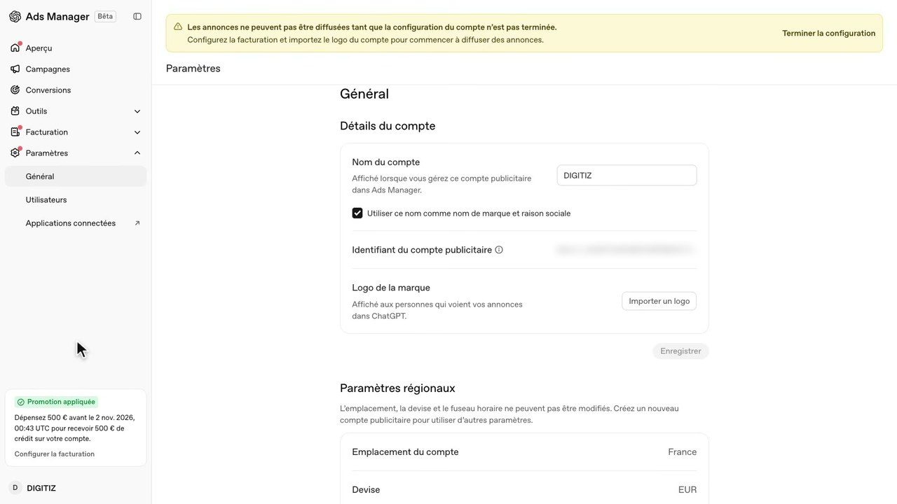 Paramètres du compte dans l'Ads Manager de ChatGPT Ads : emplacement, devise et fuseau horaire non modifiables