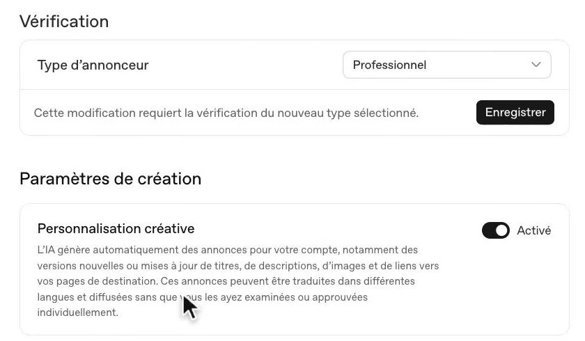 Réglage Personnalisation créative activé par défaut dans les paramètres de ChatGPT Ads