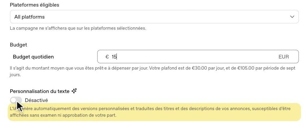 Personnalisation du texte désactivée dans les réglages d'une campagne ChatGPT Ads