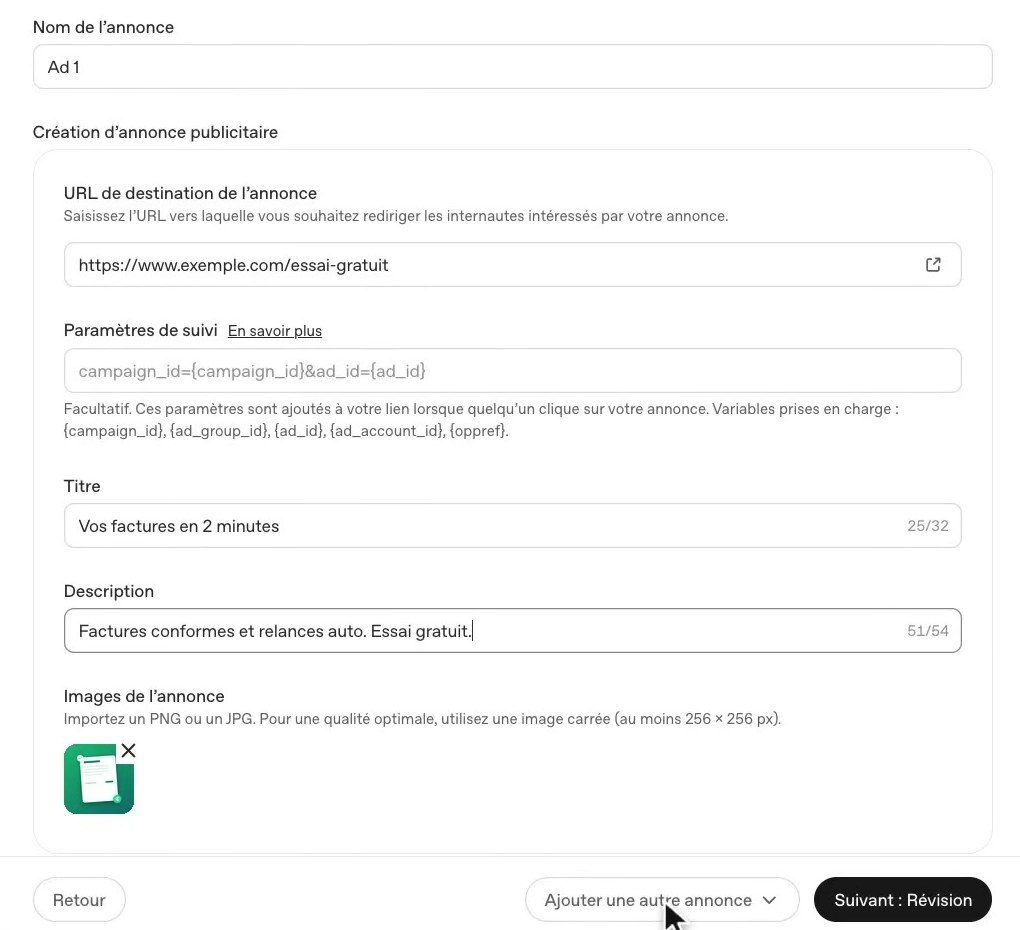 Formulaire d'annonce ChatGPT Ads avec un titre de 32 et une description de 54 caractères maximum