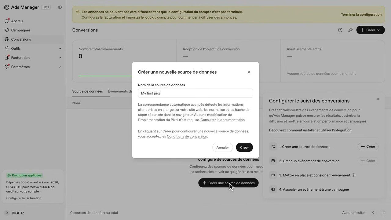 Création d'une source de données pour le suivi des conversions dans l'Ads Manager de ChatGPT