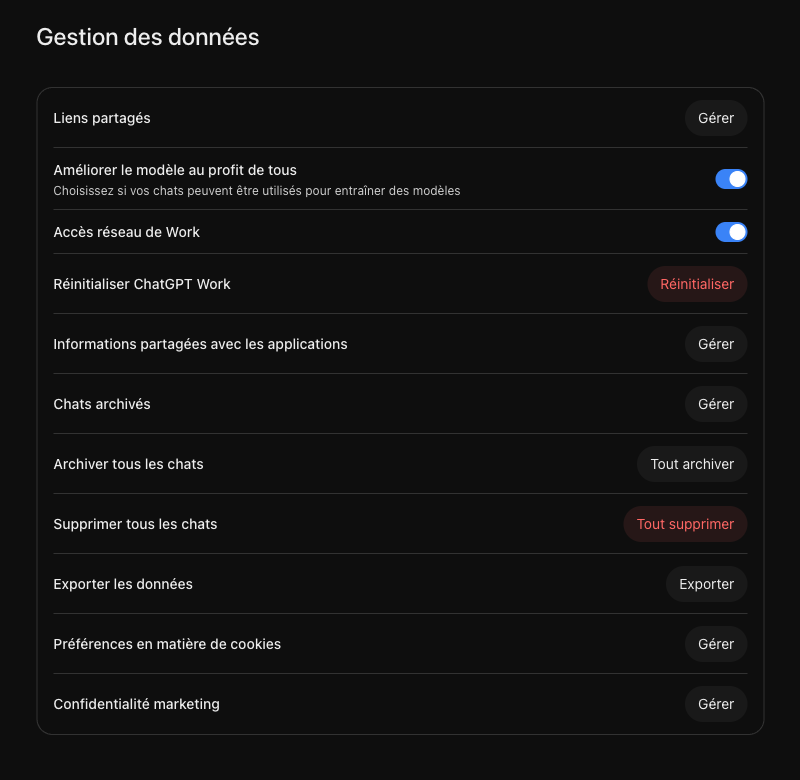 Réglages de gestion des données de ChatGPT avec l'option Améliorer le modèle au profit de tous