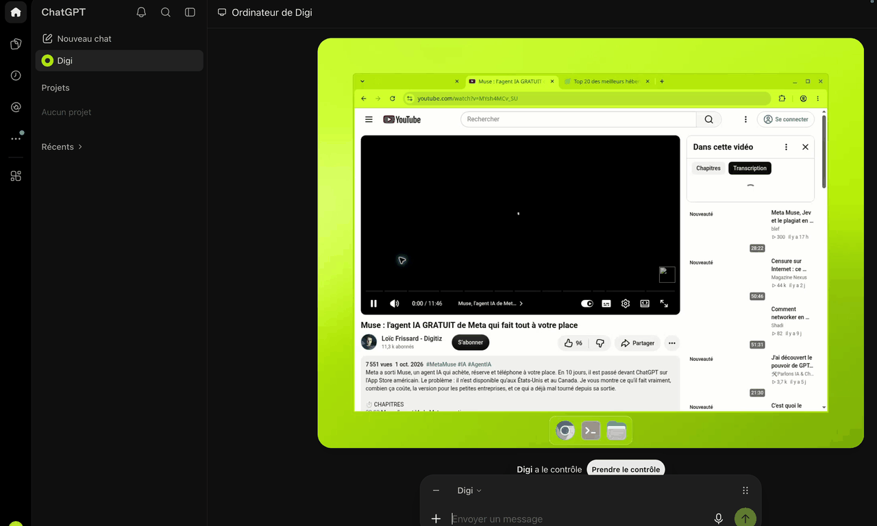 Ordinateur cloud du dot en direct, avec le bouton Prendre le contrôle
