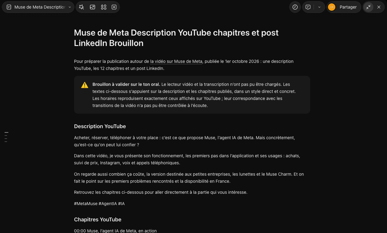 Brouillon de description YouTube préparé par le dot, avec l'avertissement sur la vidéo non visionnée