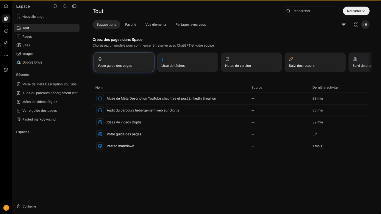 ChatGPT Space : modèles de pages et pages créées par le dot
