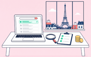 Consultant SEO à Paris : bureau avec ordinateur, loupe, checklist et vue sur la tour Eiffel