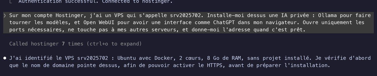 Demande en français à Claude Code pour installer Ollama et Open WebUI sur un VPS Hostinger