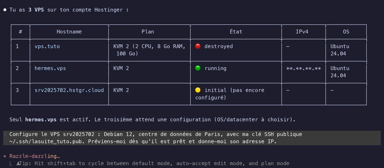 Claude Code liste les VPS du compte Hostinger, dont le serveur neuf encore à configurer
