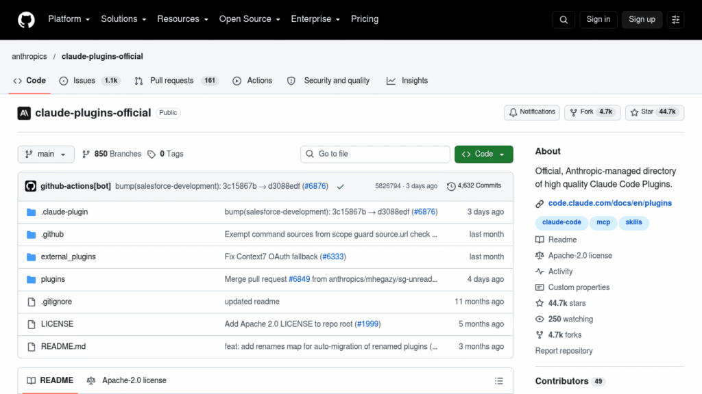 Capture d'écran du dépôt GitHub de des plugins officiels de Claude Code