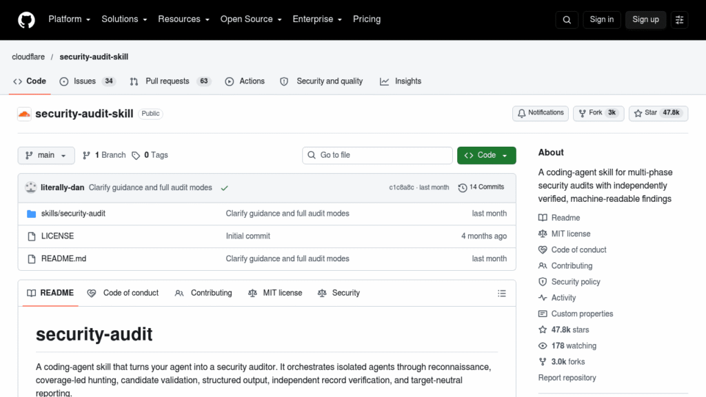 Capture d'écran du dépôt GitHub de l'audit de sécurité de Cloudflare
