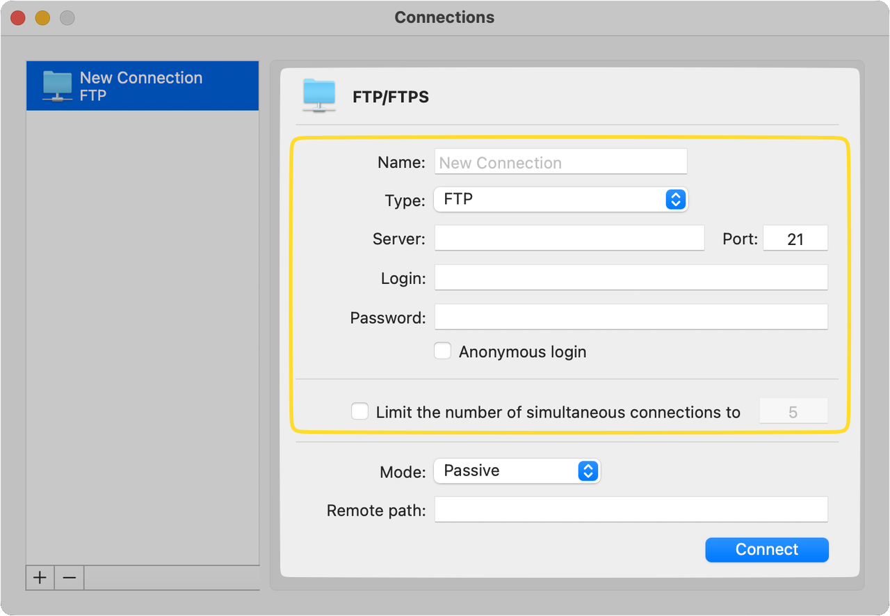 Fiche de connexion FTP de Commander One : serveur, port, identifiant et mode passif