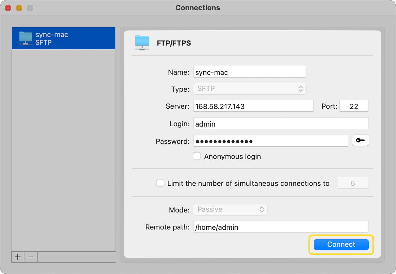 Exemple de connexion SFTP sur le port 22 dans Commander One