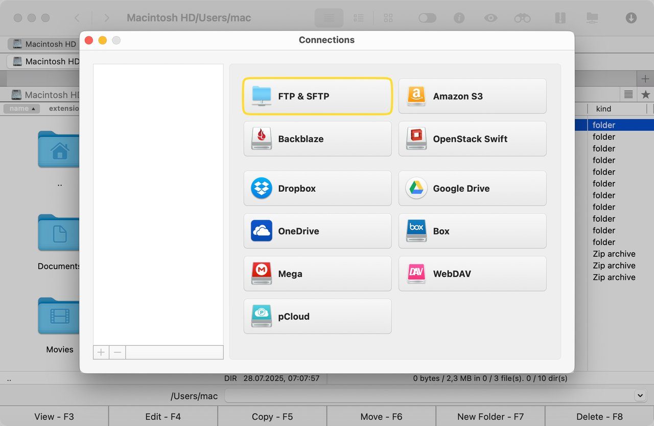 Gestionnaire de connexion de Commander One avec l'option FTP & SFTP