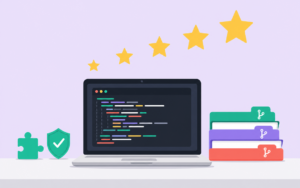 Ordinateur portable affichant du code, entouré d’étoiles montantes et de dossiers de dépôts