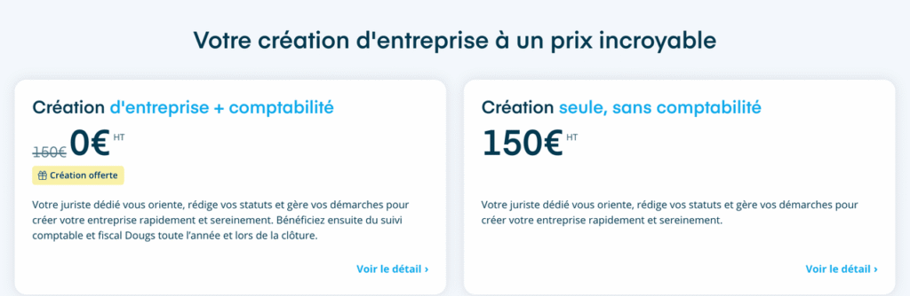 Création de SASU chez Dougs : 150 euros HT seule, offerte avec la comptabilité