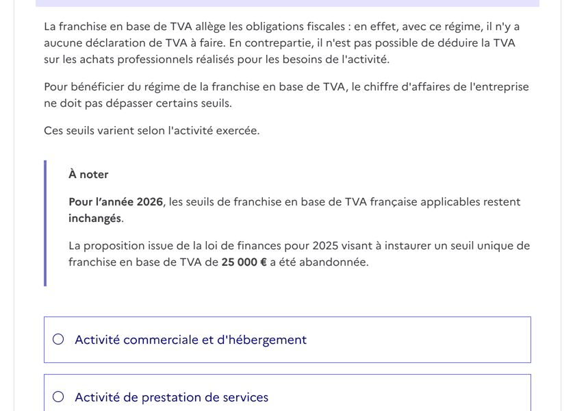 Service Public : seuils de franchise en base de TVA inchangés en 2026