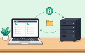Un Mac et un serveur reliés par une connexion FTP sécurisée