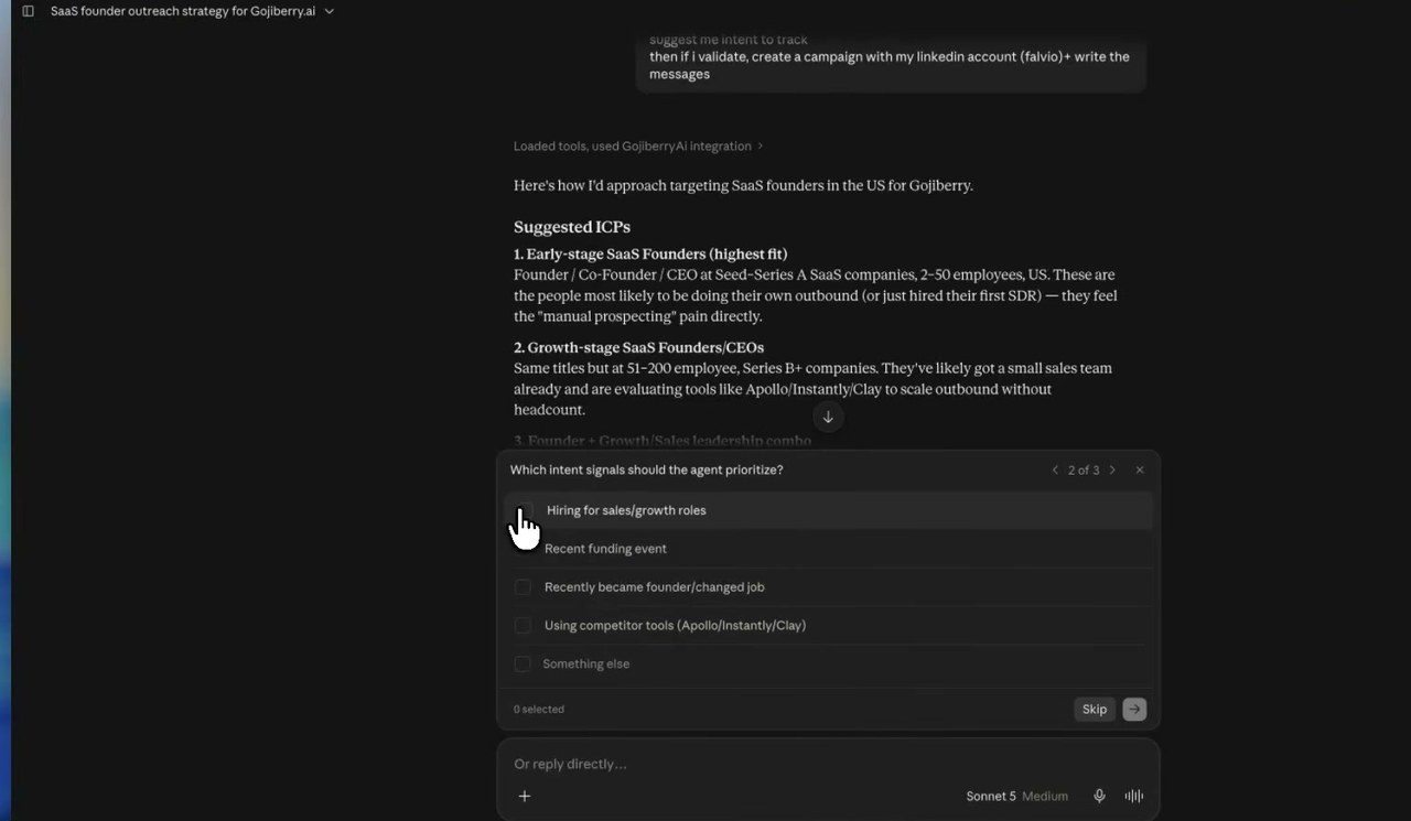 Gojiberry utilisé dans Claude via le serveur MCP pour définir une cible et choisir des signaux d'intention